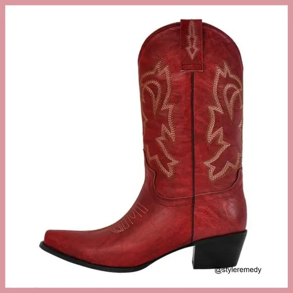 Faux Leather Western Boots with Embroidered Design, Pointed Toe - Picture 4 of 7
